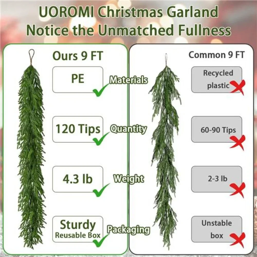 9FT Real Touch Norfolk Pine Garland with 120 Branches, Extra Full Artificial